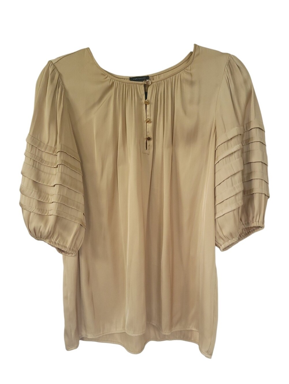 Ann Taylor Satin Puff Sleeve Blouse M Champagne Romantic Office Siren Date Night